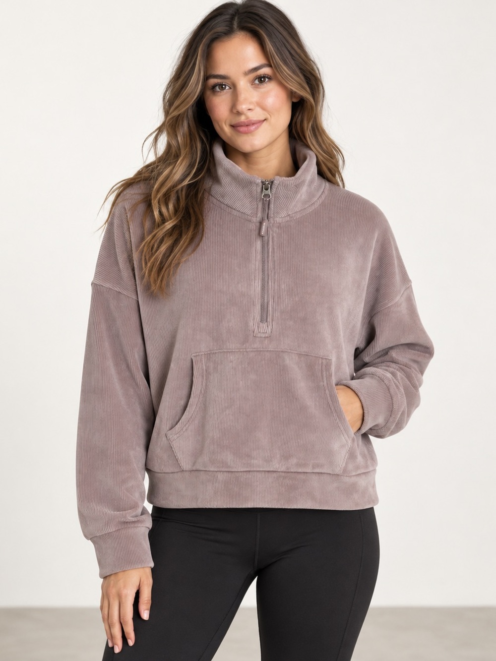 Kyodan Rib Velour Quarter-Zip Pullover Mauve Size M